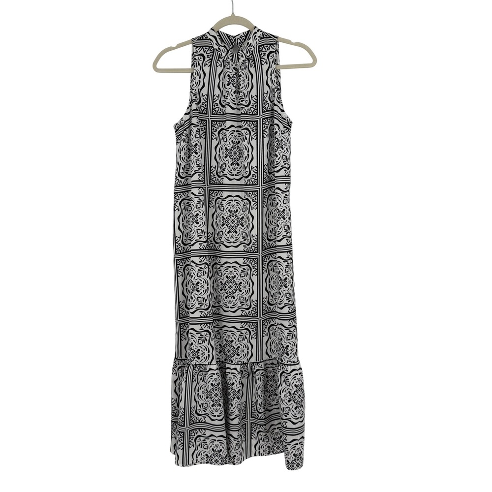 LOFT Black White Pattern Mock Neck Sleeveless Maxi Dress Size‎ SP